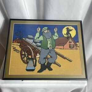 Vintage Fiddler On The Roof Framed Art Finished Needlepoint 14 X 16" Wall Art